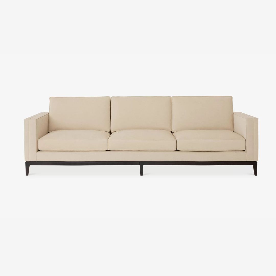 Elegant 3 Seater Sofa in Faded Natural Linen with Ebony Light Wood Finish