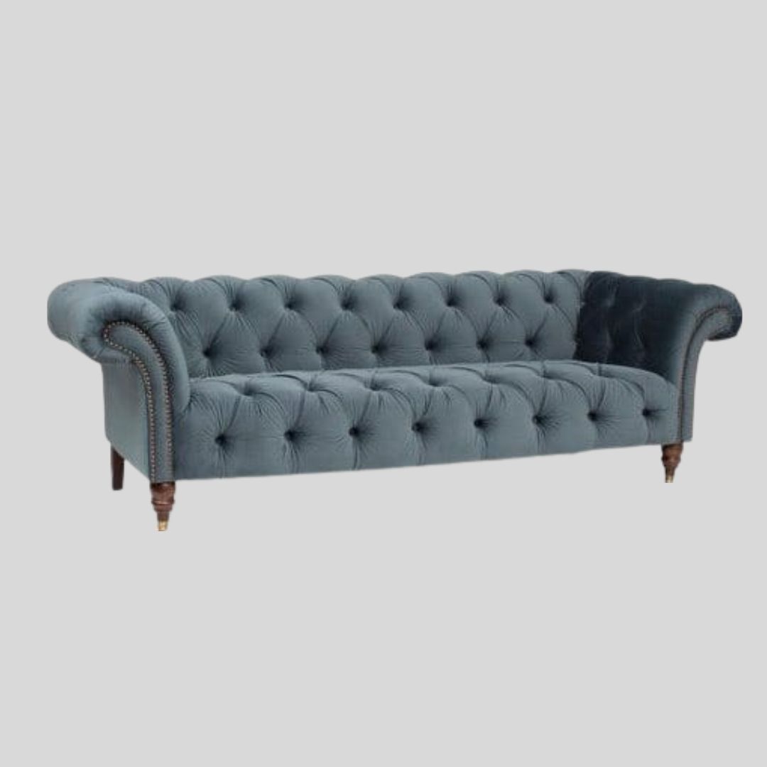 Monika Tufted 3-Seater Sofa with Unique Curved-End Design – Royal Look for Living Room (Grey)
