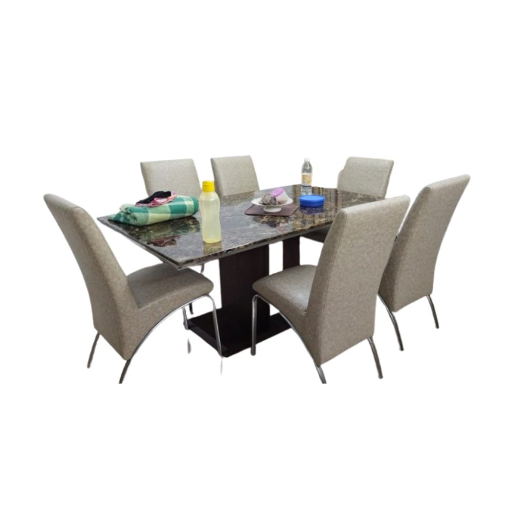 Grey Marble Dining Table with Modern Triangle Base Design