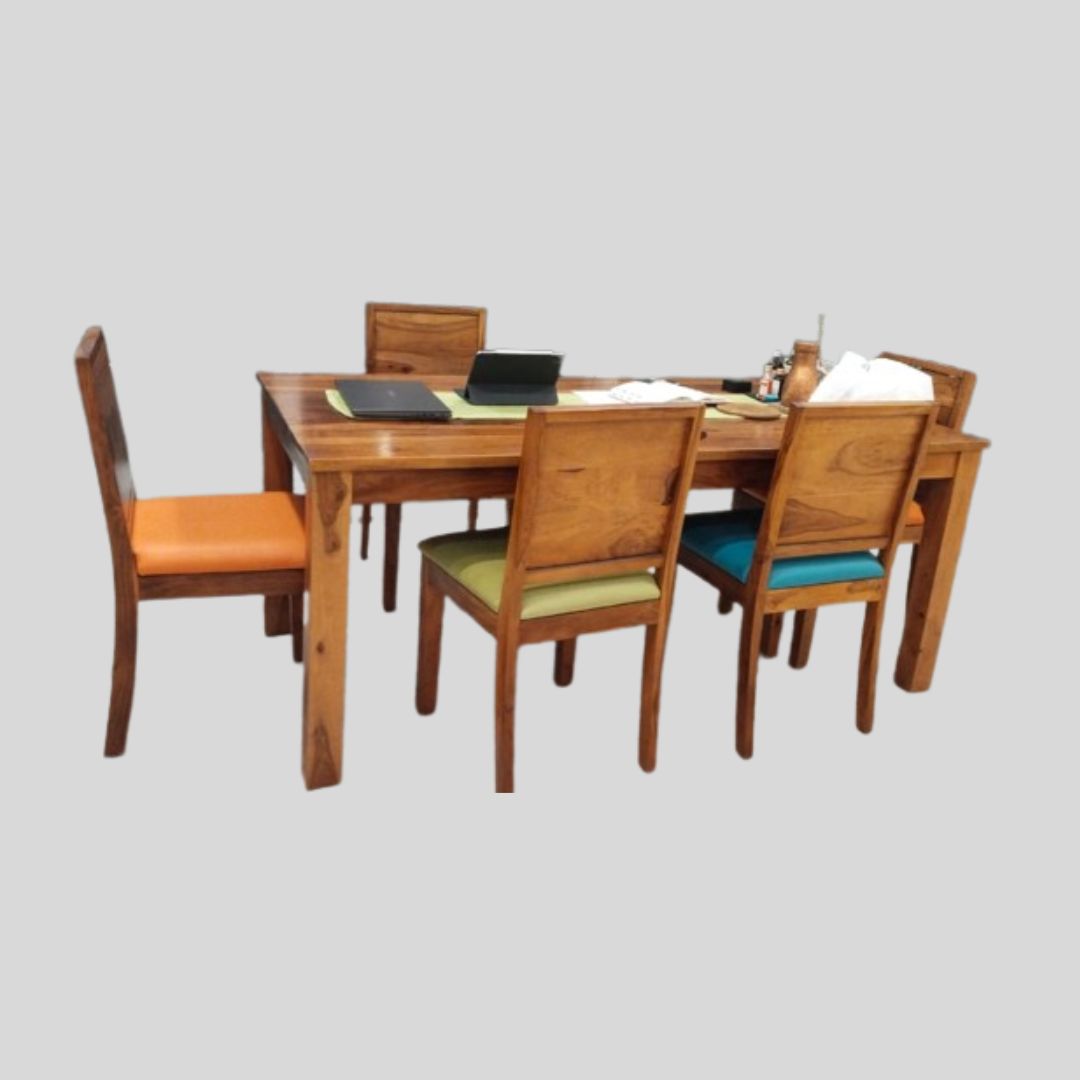 Madera Carol Six Seater Solid Wood Dining Table Set in Teak Finish, Brown